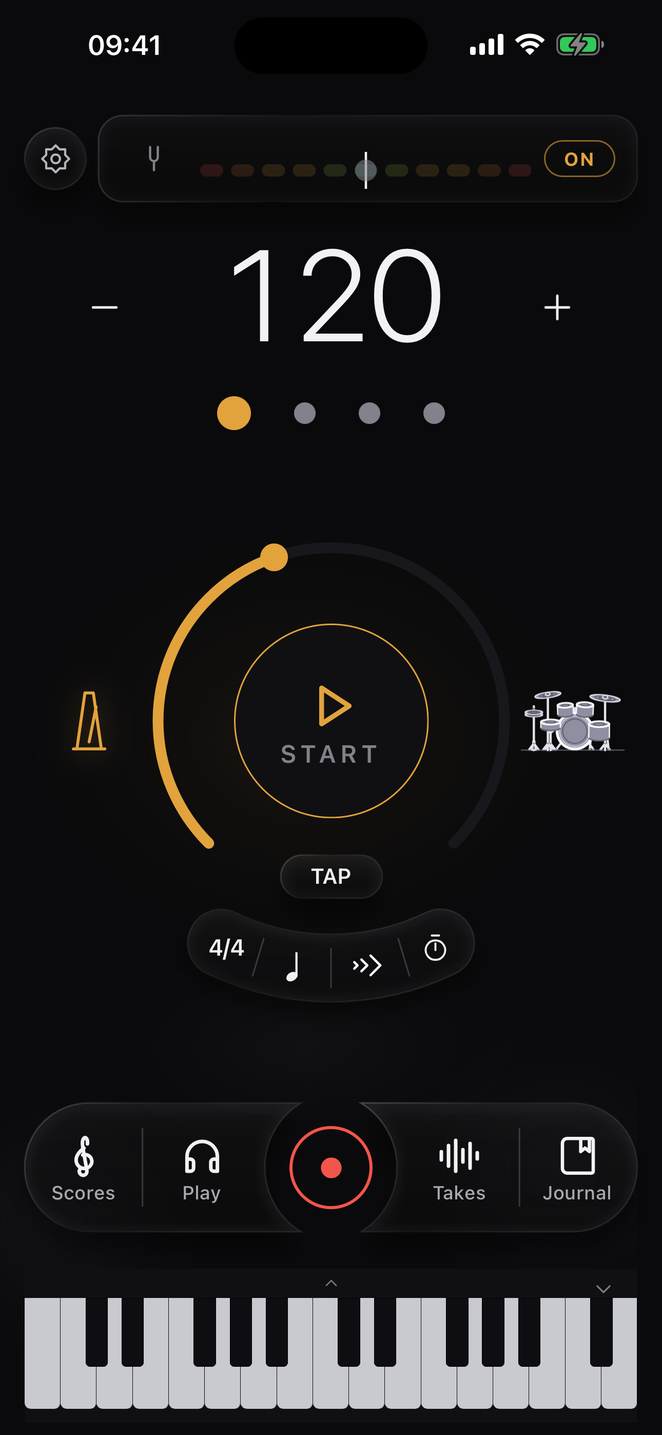 Practice More home screen: tuner strip on top, metronome dial at 120 BPM, piano docked at the bottom