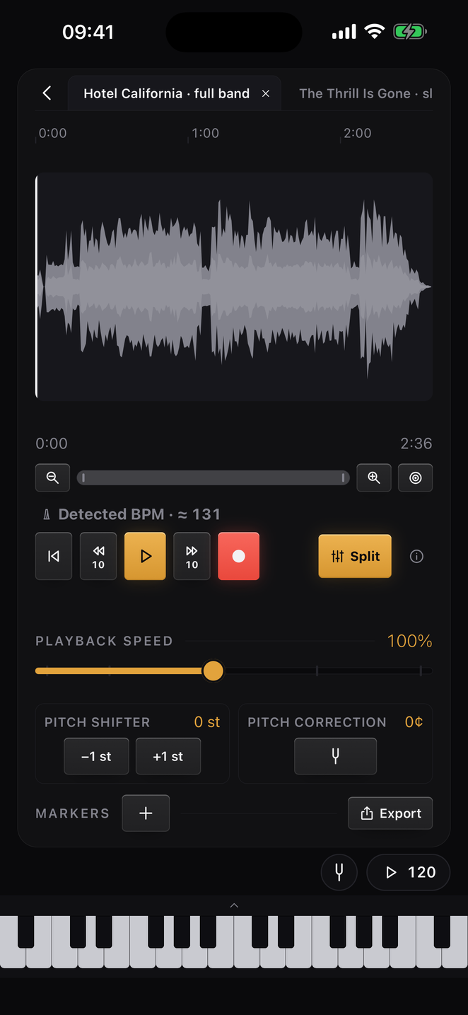 Audio editor: waveform with stems, loop, playback speed and pitch shifter