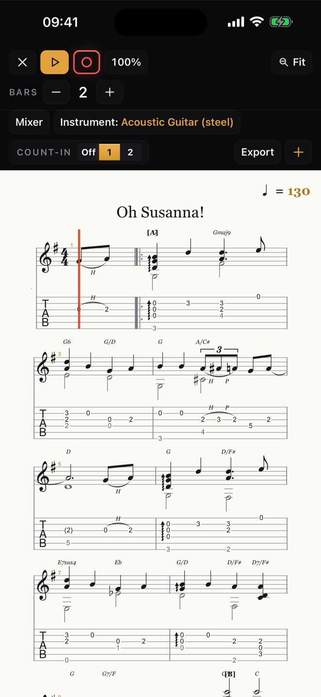 Score viewer with standard notation and tablature, playhead on bar one