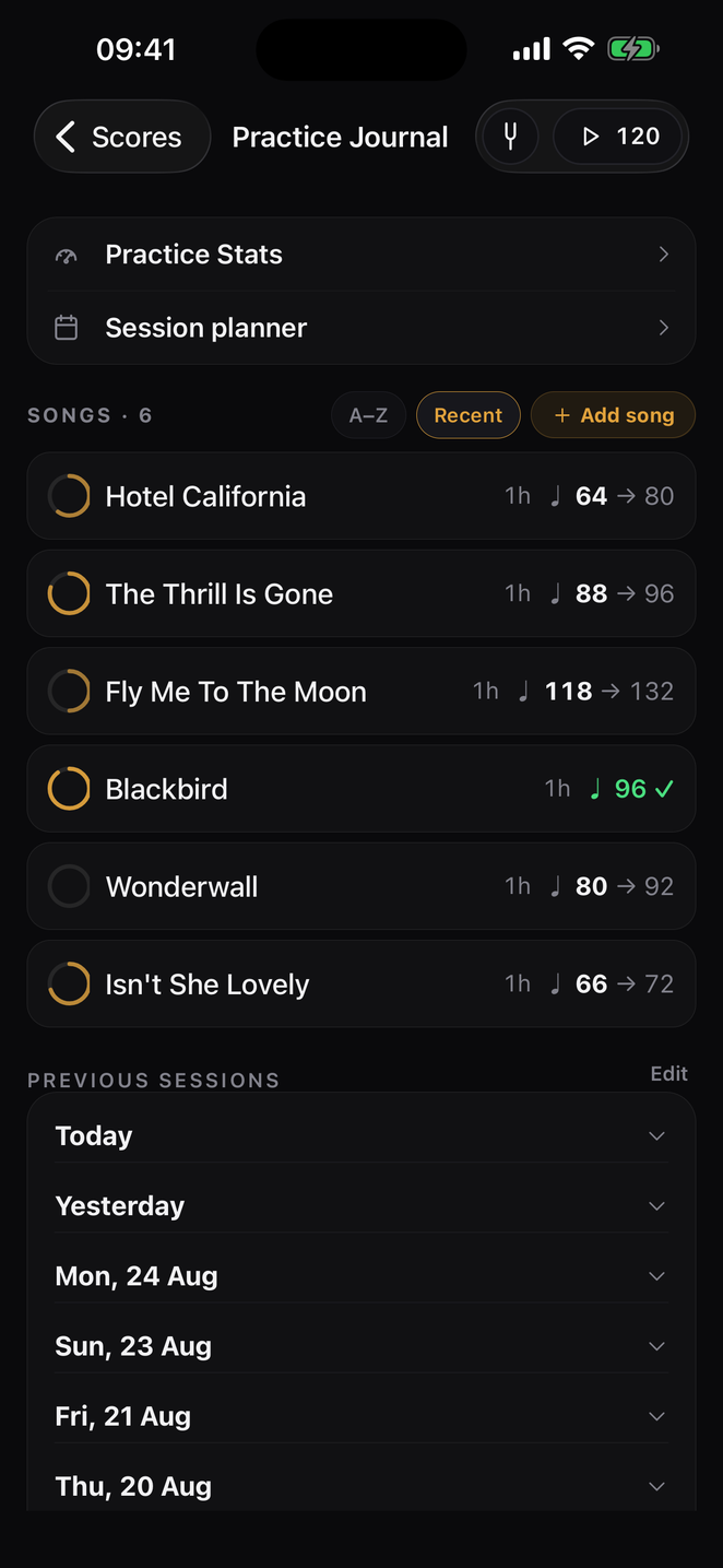 Practice Journal overview: stats, session planner, songs with progress rings and past sessions