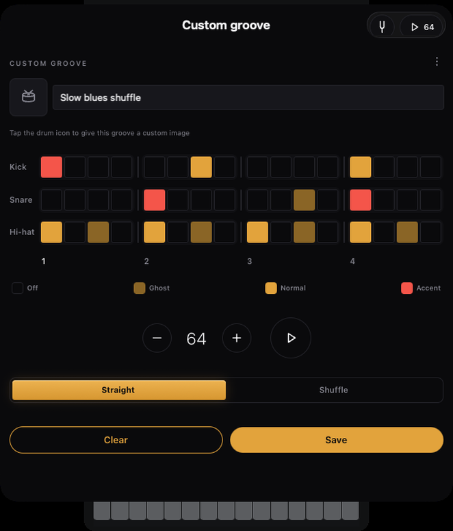 Groove editor: the grid where you tap in your own drum loop, kit piece by kit piece
